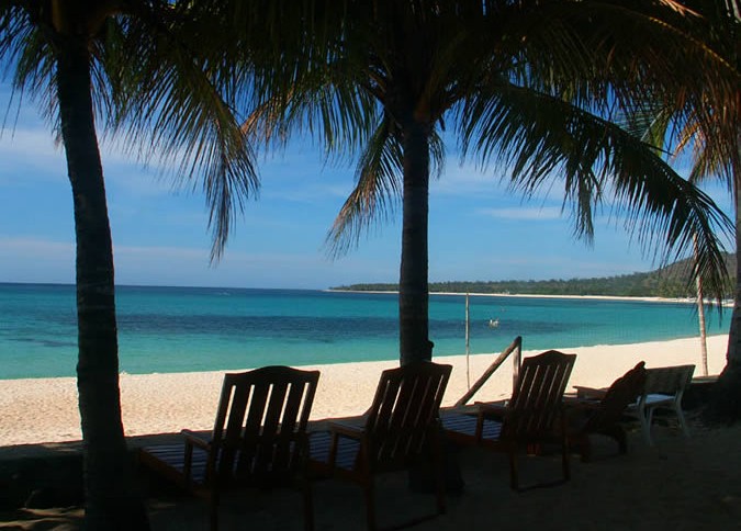 Plage avec des transats et des palmiers à l'ombre